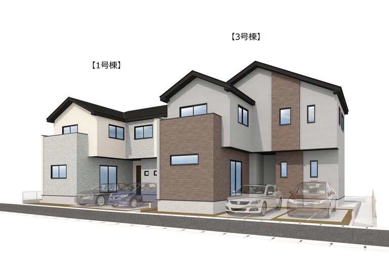 『仙台市若林区沖野3丁目』全4棟(【1号棟・3号棟】※パースは図面を基に描き起こしたイメージ画像のため、実際と多少異なる場合がございます。絵図中の車は配置例を示したもので、販売価格には含みません。)