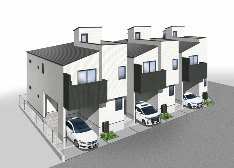 ■スカイバルコニーのある住居／横浜市港北区高田東1丁目／新築戸建全３棟■(【完成予想パース】周辺の街並みに調和する3棟の邸宅が誕生します。※図面を基に描き起こしたイメージ画像です。実際と多少異なる場合がございます。絵図中の車は配置例を示したもので、販売価格には含まれません。（家具等は販売対象に含まれません）)