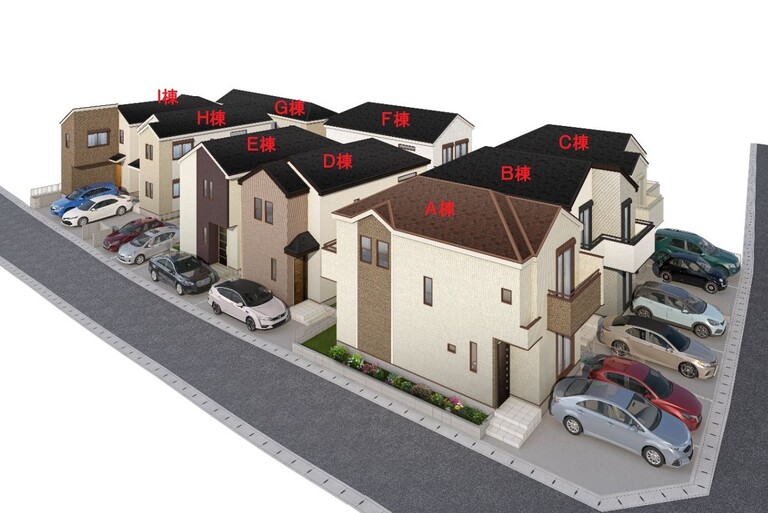 千葉県市川市北国分２丁目(全体完成予想図　図面を基に描いたもので実際には多少異なる場合があります。絵図中の車は配置例を示したもので、販売価格には含まれません。)