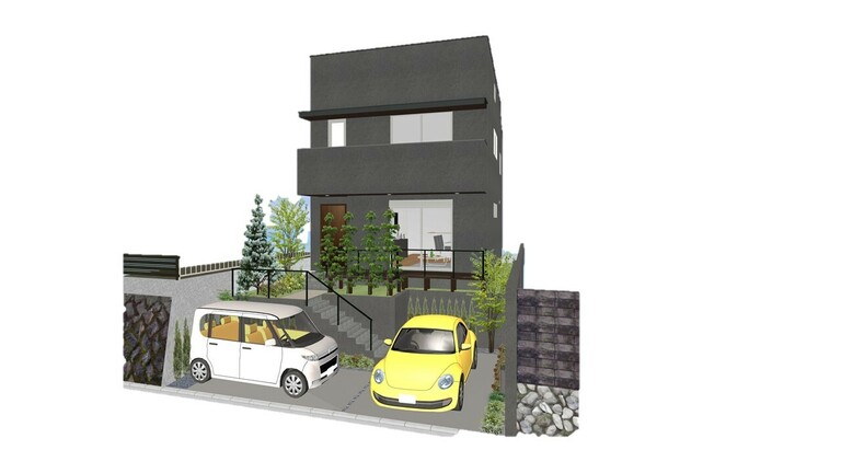 神奈川県鎌倉市二階堂(完成予想図※図面を基に描いたもので、実際とは多少異なる場合があります。また、車は配置例を示したもので、販売価格には含まれません。)